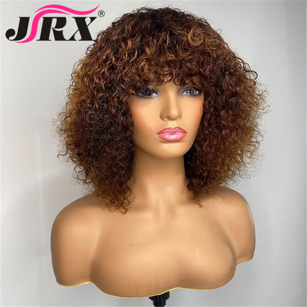 Human Hair Wigs Jerry Curly Human Hair Wigs with Bangs Full Machine Made Wigs Highlight Honey Blonde Colored For Women Peruvian Remy Hair