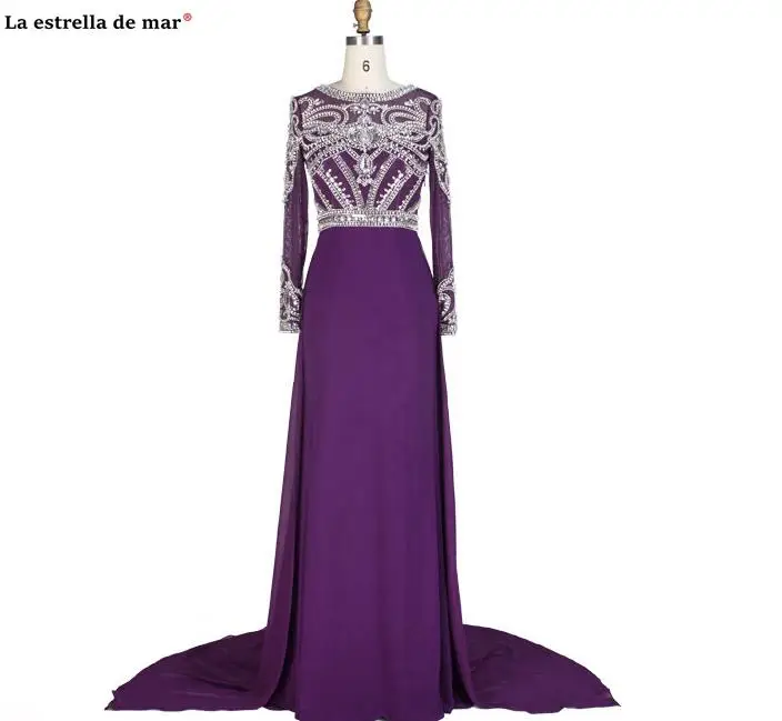 Фиолетовый Abschlussballkleid Новое Кружевное шифоновое платье с кристаллами и длинными рукавами трапециевидной формы фиолетового, красного и зеленого цветов платье для выпускного Шампань настоящая фотография vestido formatur - Цвет: Фиолетовый