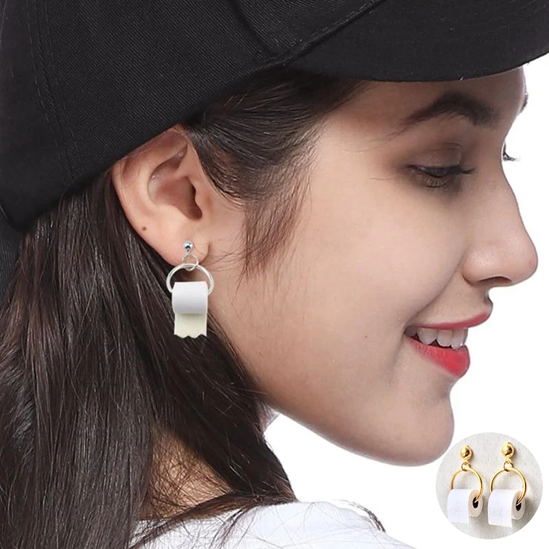 Creative 3D Roll Paper Dangle Earrings Girls Geometric Drop Earrings Women Toilet Paper Towel Studs Funny dangle earrings,drop earrings,geometric earrings