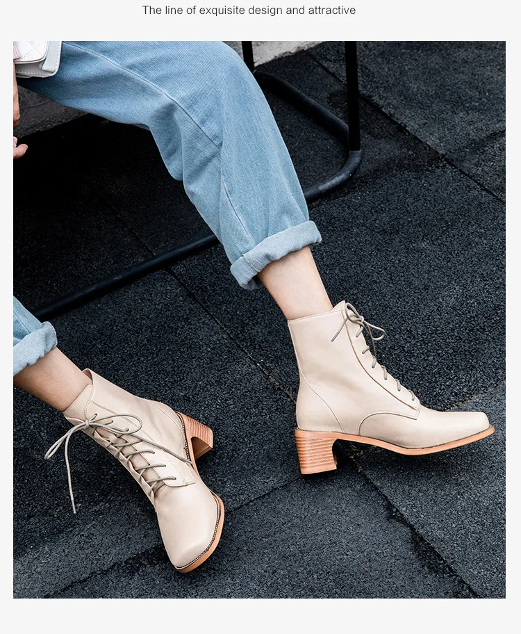 Donna-in Ankle High Heels Boots Women Elegant Cross Tied Square Toe Rubber Boots Genuine Leather Fashion Shoes Woman New