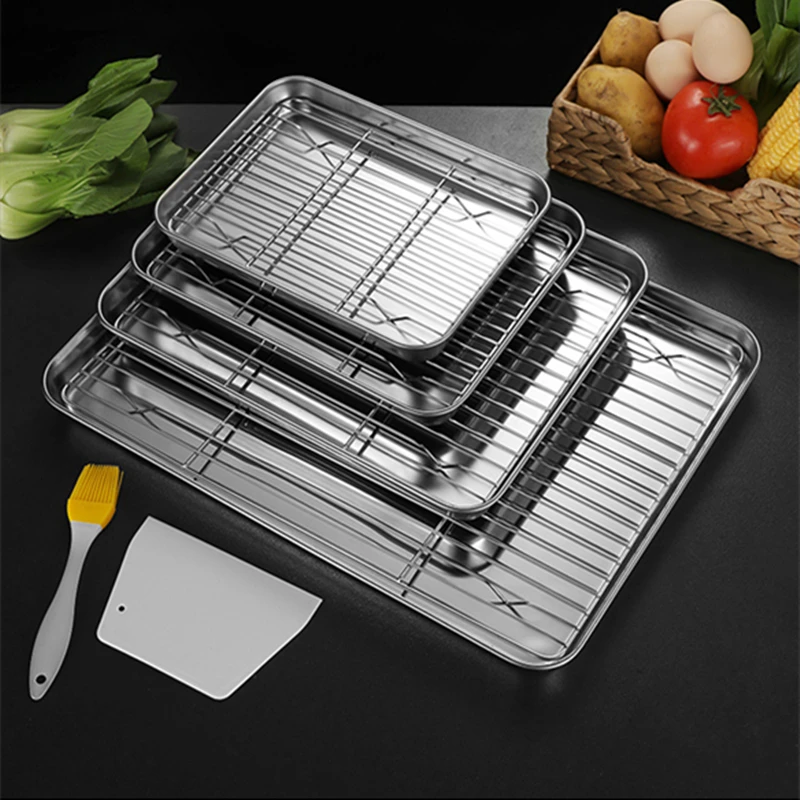 Rectangle Food Storage Trays Stainless Steel BBQ Grid Bakeware Baking Pan Steamed Sausage Fruit Pastry Plates Kitchen Utensils