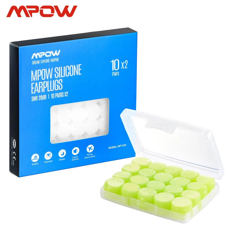 Mpow HP112 20 пар плавающий заглушка мягкий силиконовый зеленый/белый 28 дБ SNR беруши