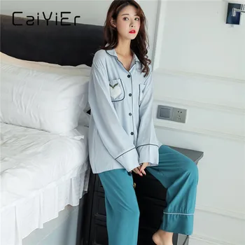 

CAIYIER Embroidery Love Ladie Pajama Set Comfortable Cotton Viscose Nightwear Long Sleeve Winter Loungewear Sexy Femme Sleep Set