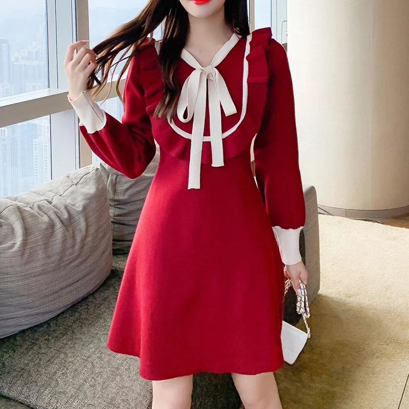 

Chic Christmas Bowknot Stitching Color Knit New 2021 Spring Autumn Winter Long Sweater Dress Temperament Beautiful A Word Skirt