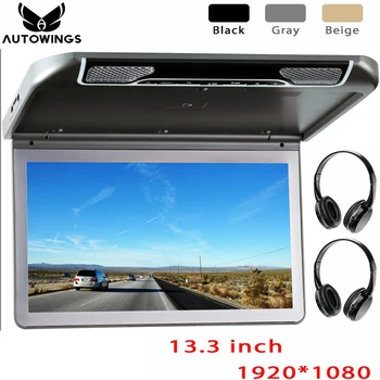 

1920*1080 Car Ceiling Overhead Flip Down Monitor 13.3" MP5 Video Player Built-in Speaker FM HDMI SD All Format 2 IR Headphones