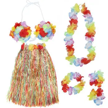 

2X Multi Color Hawaiian Tropical Hula Luau Grass Dancer Skirt Bra Flower Headband Necklace Bracelets Set for Women Girls