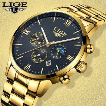 

LIGE Mens Watches Top Brand Quartz movement Luxury business Gold watch Military sport waterproof Wrist watch Relogio Masculino