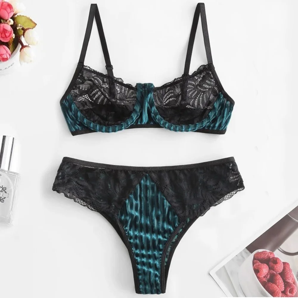 

Aduloty Lace Panel Shadow Stripes Flocked Lingerie Set Women Bra Sexy Light and Breathable lady for women teddy Underwear Sets