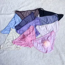 Men‘s Panties Sexy Underpants Ice Silk Shorts Sheer Bulge Pouch Bikini Briefs Comfortable Thongs Underwear