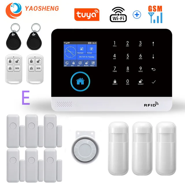 Wireless WIFI GSM Home Security Alarm System For Tuya Smart Life APP With Motion Sensor Detector Compatible With Alexa & Google E