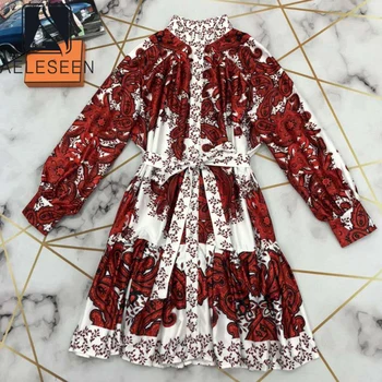 

AELESEEN Runway Fashion Women Dress Long Latern Sleeve Summer Autumn Dress Belt Red Flower Print Party Holiday Casual Dress