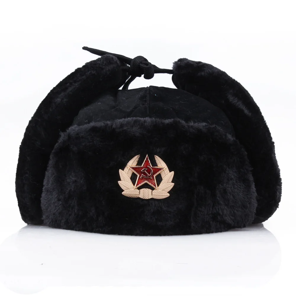 

Soviet Army Military Badge Russia Ushanka Bomber Hats Pilot Trapper Aviator Cap Winter Faux Rabbit Fur Earflap Snow Caps hat