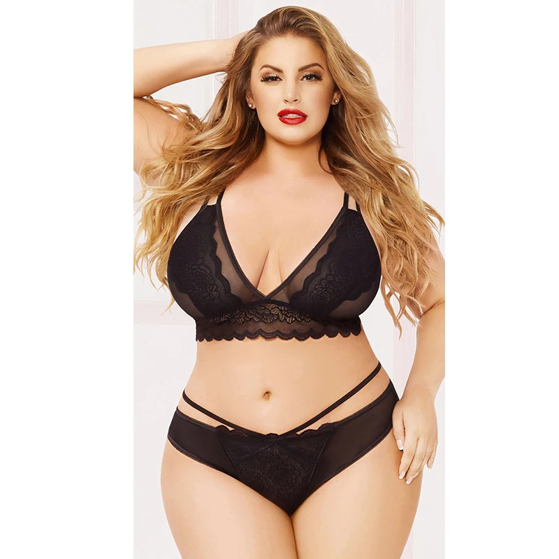 Stitching perspective large size lace sexy lingerie set underwear sexy mesh deep V