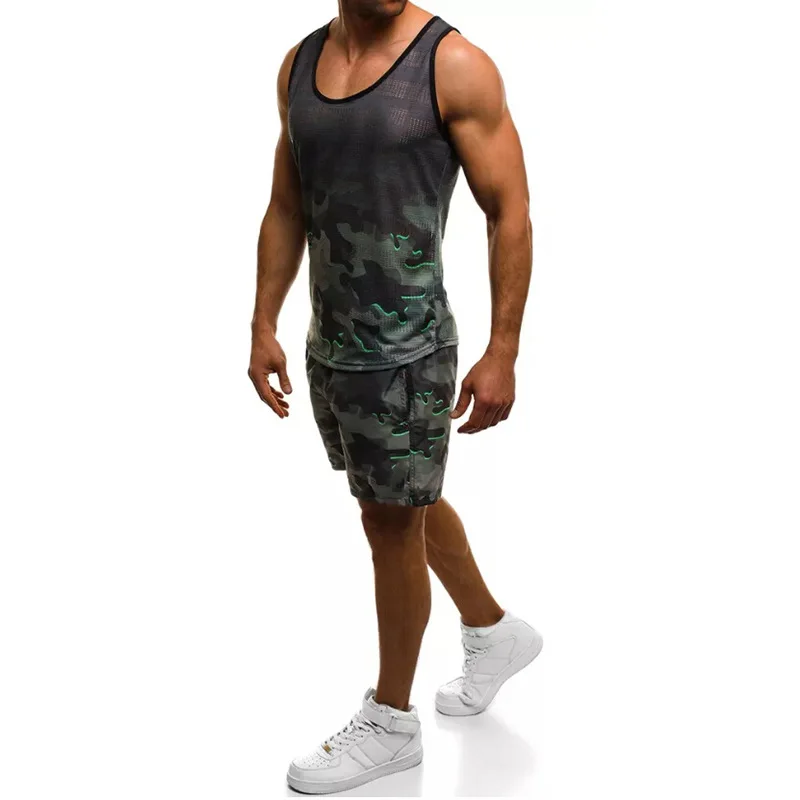 

2019 Summer New Style Hot Selling Europe And America Men's Camouflage Gradient Printed Casual Sports Vest Set
