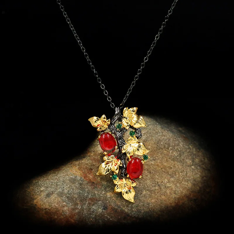 Pendant Necklace Branches Ruby 925-Silver Elegant Sweater-Chain Flower Ladies Winding