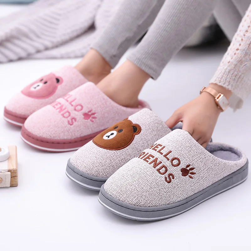 Women Winter Home Slippers Cartoon Bear Non-slip Soft Winter Warm House Slippers Indoor Bedroom Lovers Couples Floor Shoes Men