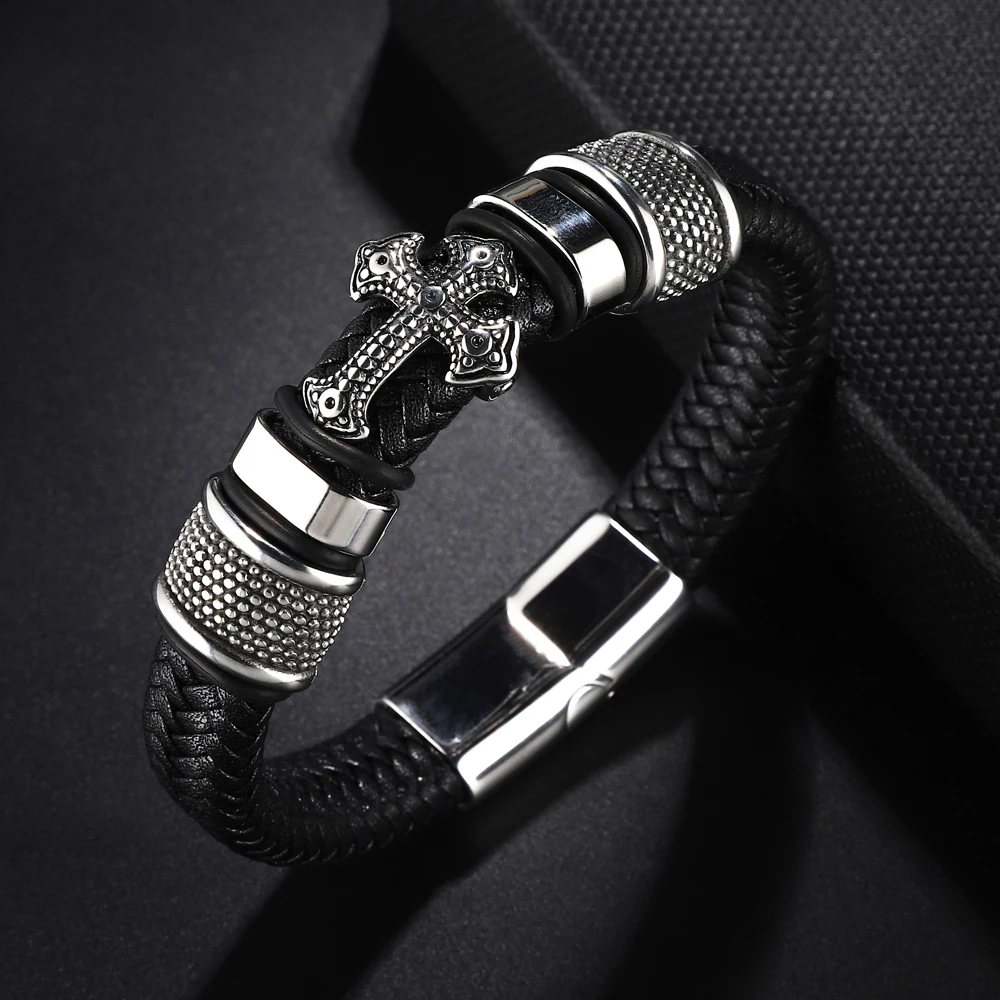 Wholesale Cross Stainless Steel Men’s Leather Bracelet Magnetic Clasp for Friend Fashion Jewelry Gifts Free Shipping - Image 4