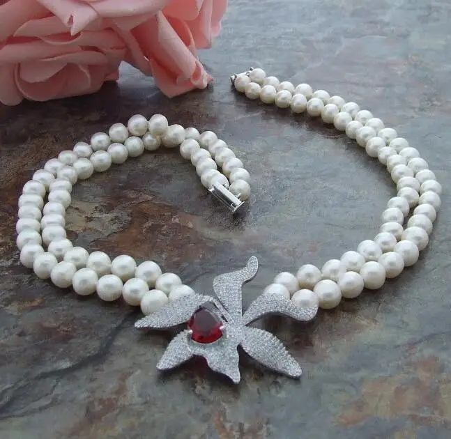 luxury multi-stone zircon flower connector 2row 8-9mm White freshwater Pearl Necklace