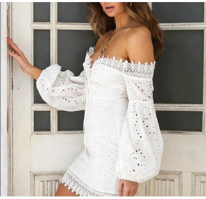 Off Shoulder Embroidery White Dress