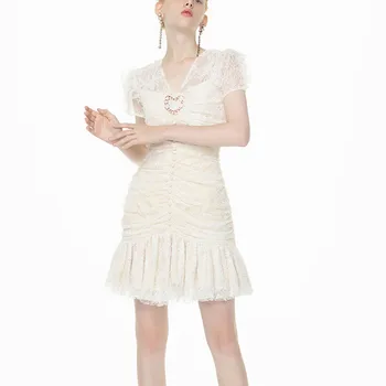 

Sexy Women Lace Dress 2020 Summer V neck Short Sleeve Ruffles Hip Pack Bodycon Dress Vintage Mermaid Short Dress