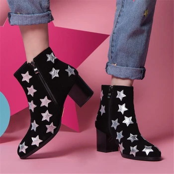

Stars Suede Leather Ankle Boots Prom Casual Short Botas Mujer Sewing Cloud Booties Patchwork Black Boots Autumn Winter Shoes New