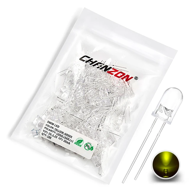 100pcs 5mm LED Diode Ultra Bright Warm White Red Green Blue UV Purple Yellow Orange Pink 2V 3V 20mA F5 Emitting Assortment Set 100pcs Yellow-green