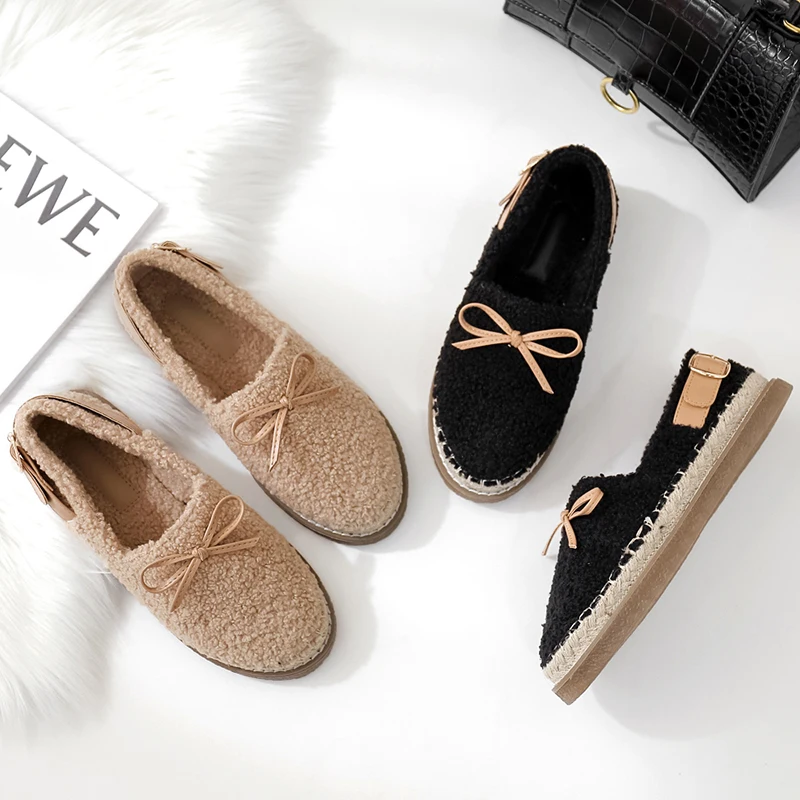 

Winter new fashion and comfortable fisherman shoes women plus velvet thick bottom slippers plush shoes single shoes