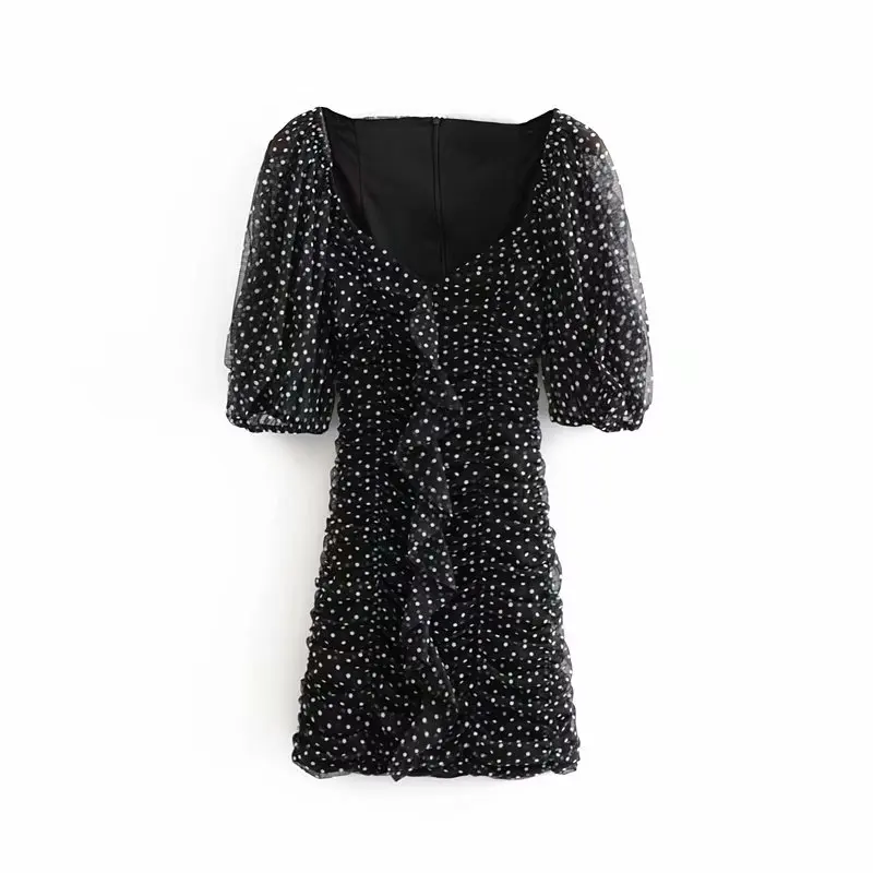 black dress Звездный Светлячок Джокер с пышными рукавами v-образным вырезом гофрированное мини платье женское повседневное тонкое платье в горошек - Цвет: black dress
