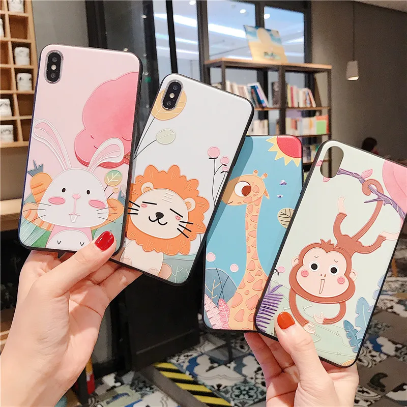 

JAMULAR Cartoon Lion Giraffe 3D Emboss Fitted Case For iPhone XR XS MAX X 8 7 6 6s Plus Monkey Rabbit Soft Phone Cover Coque Bag