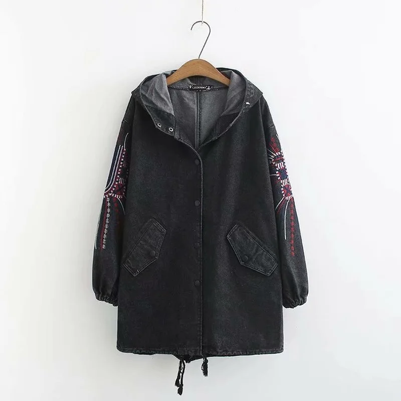 

Plus Size 2XL-5XL Women's Long Denim Jackets Autumn Winter Floral Embroidery Vintage Coats