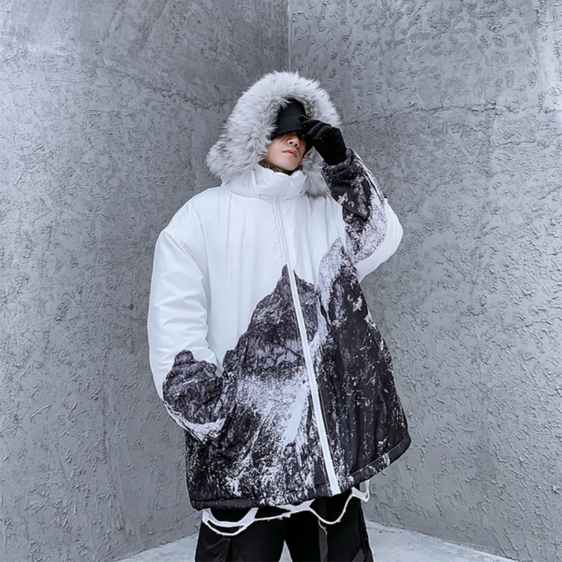 Куртка со съемным меховым воротником, ветровка, мужская зимняя куртка с принтом в виде гор, куртка-парка в стиле хип-хоп, мужская верхняя одежда для пар, уличная одежда