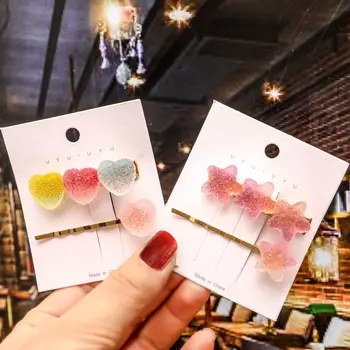 

2Pcs/set Hair Accessories Color Candy Hairclip Simple Hairpin Sweet Girl Bangs Side Clip Cross Heart Suit Head Clip Barrette
