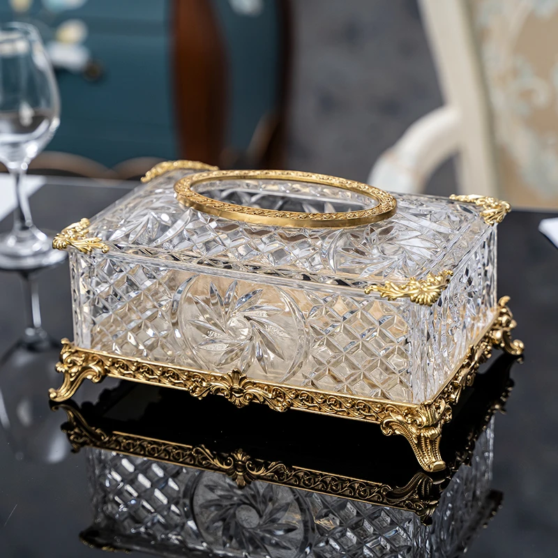 

zq European-Style Transparent Crystal Glass with Copper Tissue Box Luxury High-End Living Room Restaurant Home Decoration