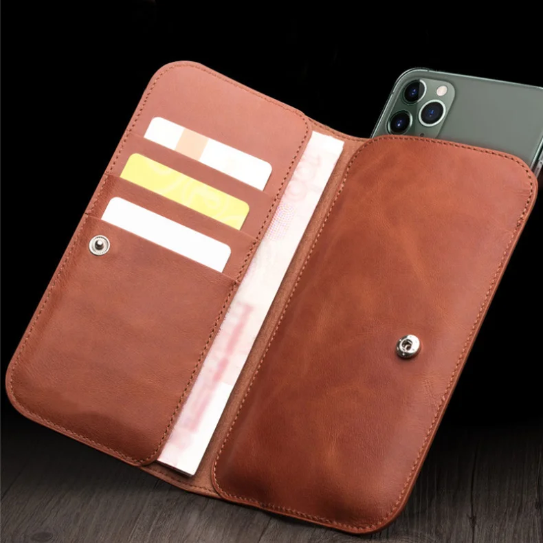 YXAYN Multi-function Handmade Pure Genuine Leather Wallet For iPhone  12Min11 Pro Max X XR Xs Max 7 8 Plus Case Pouch Bags Case
