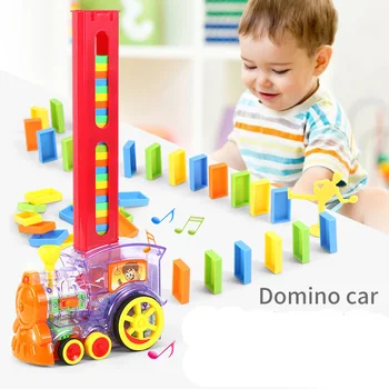 Kids Toy Domino Rally Electric Train Model With Lights And Sound Red And Transparent Building Blocks Vehicle Education 1