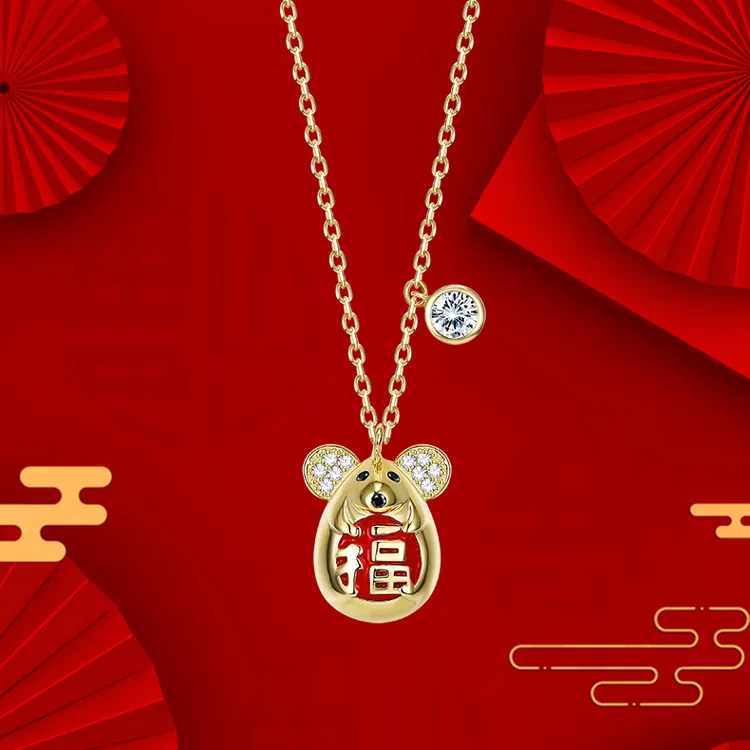 

Tong Lin S925 Fine Silver Gold Cute Little Mouse Chinese Zodiac Diamond Set Necklace Simple Animal-Pendant Jewelry