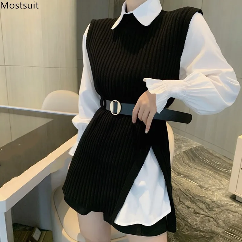 Autumn Elegant Two Piece Set For Women Plus Size Long Sleeve Buttons Up Bloust And Shirt + Belt Knitted Vest Outfits Korean 2021 |