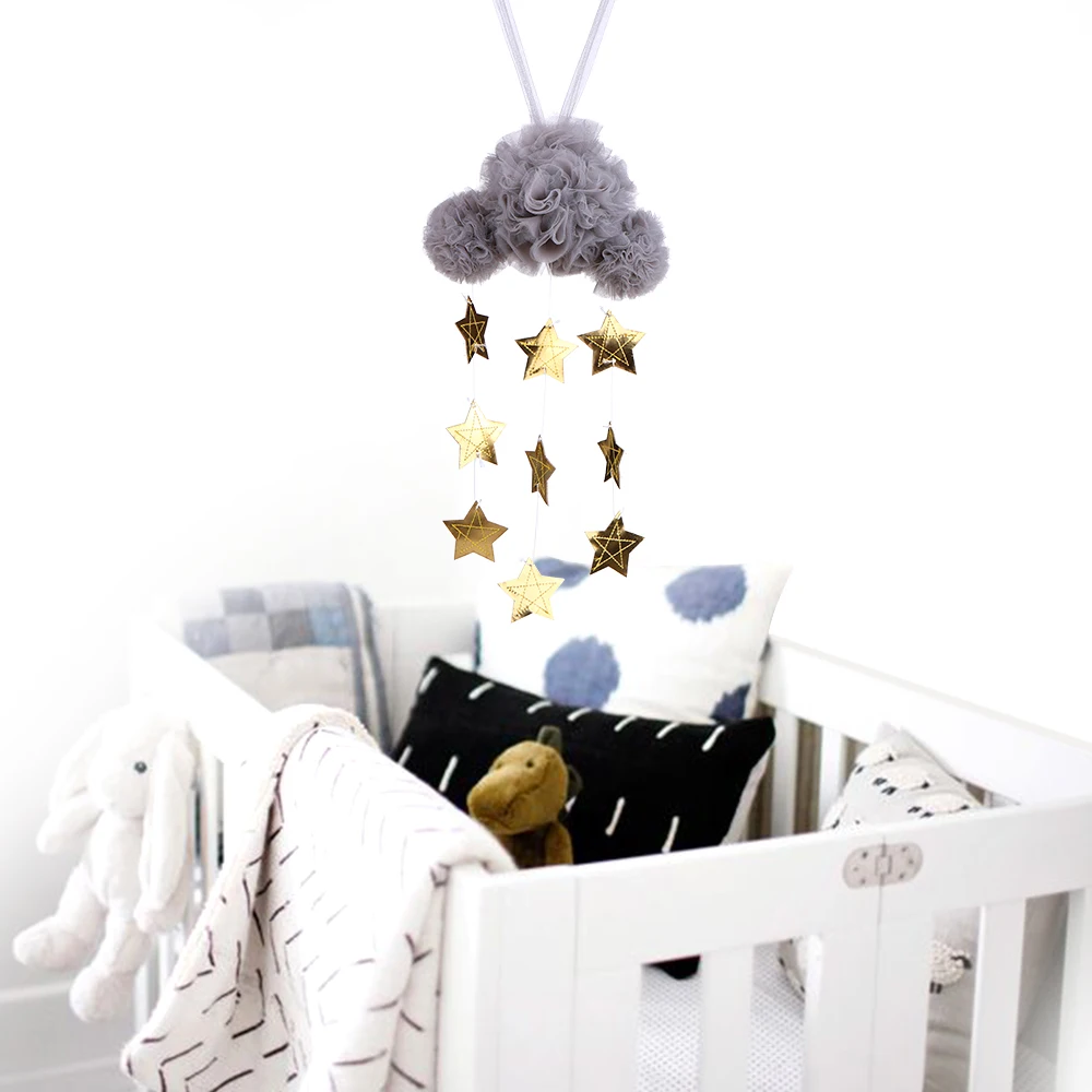 Детская потолочная Мобильная кружевная ткань с облаками и звездами, подвесной декор для детской кроватки, детской комнаты(белый и серебристый