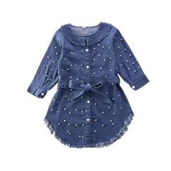 

New Kids Blue Pearl Bowknot Denim Jeans Baby Girl Long Sleeve T-Shirt Girls Dress Kid Coat Toddler Clothes