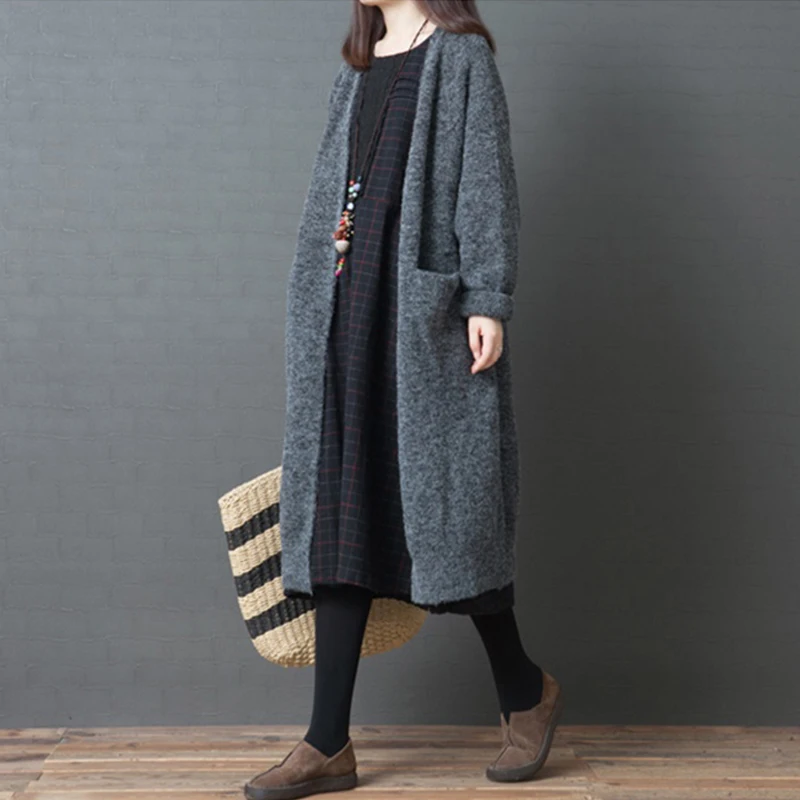 

Siskakia Thick Knitted Cardigan Coat Long Knee length Open Knit Coats side Pockets Loose Plus Size Women's Knitwear Solid Grey