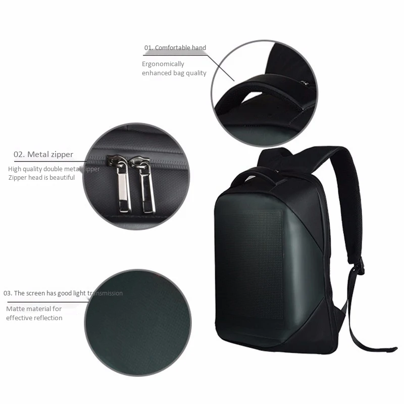  Dc 5V Led Dynamic Display Wifi Backpack Laptop Notebook Control 22L School Bag Waterproof Led Backp - 4000094649647