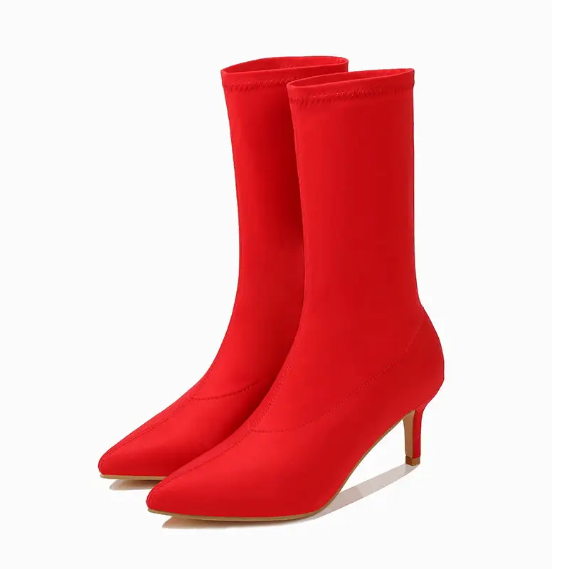 EOEODOIT/Сапоги на каблуке-шпильке 6 см; носки; женские осенние туфли ярких цветов с острым носком без застежки; большие размеры; туфли из лайкры; туфли-лодочки на высоком каблуке - Цвет: Красный