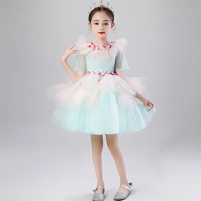 as pic short dress Г. Детское элегантное платье принцессы с длинным шлейфом для девочек, для дня рождения, вечеринки, для модельного шоу, подиумная одежда - Цвет: as pic short dress