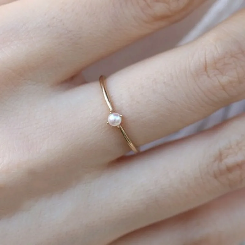 

Pearl Ring for Women Delicate Mini Pearl Thin Ring Minimalist Basic Style Light Yellow Gold Color Fashion Jewelry