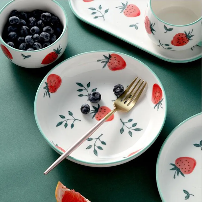 Cute Strawberry Kitchen Ceramic Plate Tableware Set Food Dishes Rice Steak Salad Noodles Bowl Soup Kitchen Cook Tool 1pc
