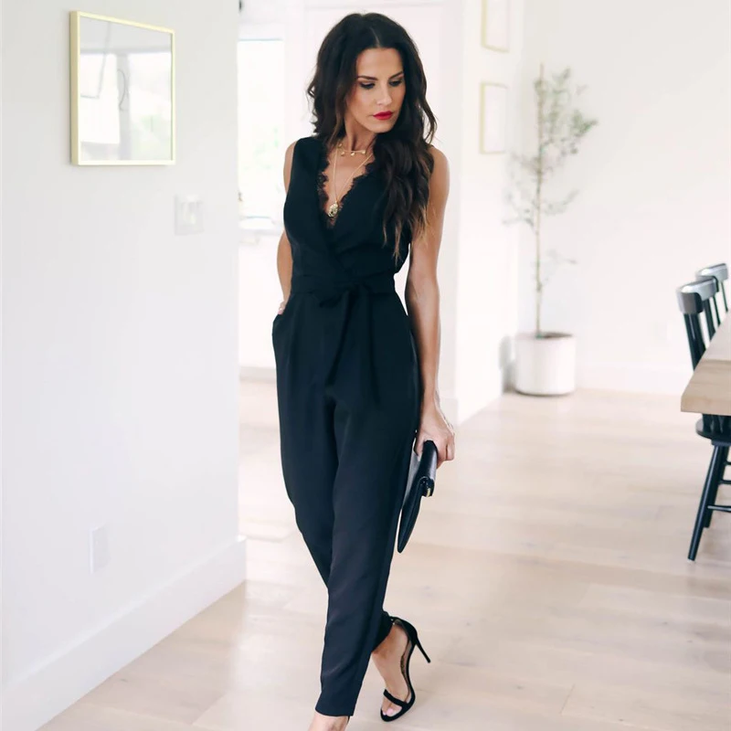 Fashion Lace Women Jumpsuit With Belt Sleeveless 2020 Summer New Casual V-neck Solid Women Black Jumpsuits Fashion Female Pants