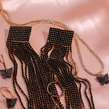 

JUST FEEL Fashion Black Color Crystal Tassel Drop Earring Long Chain Rhinestone Statement Earring Bridal Wedding Charm Jewelry