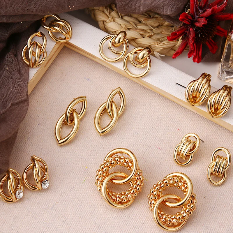 FNIO Fashion Gold Metal Drop Earrings for Women Punk Big Round Design Statement Twisted Knot Brincos Geometric Jewelry | Украшения и