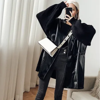 

LANMREM 2020 new spring turn-down collar lantern sleeves knits patchwork PU leather loose jacket stock women coat WB67801M