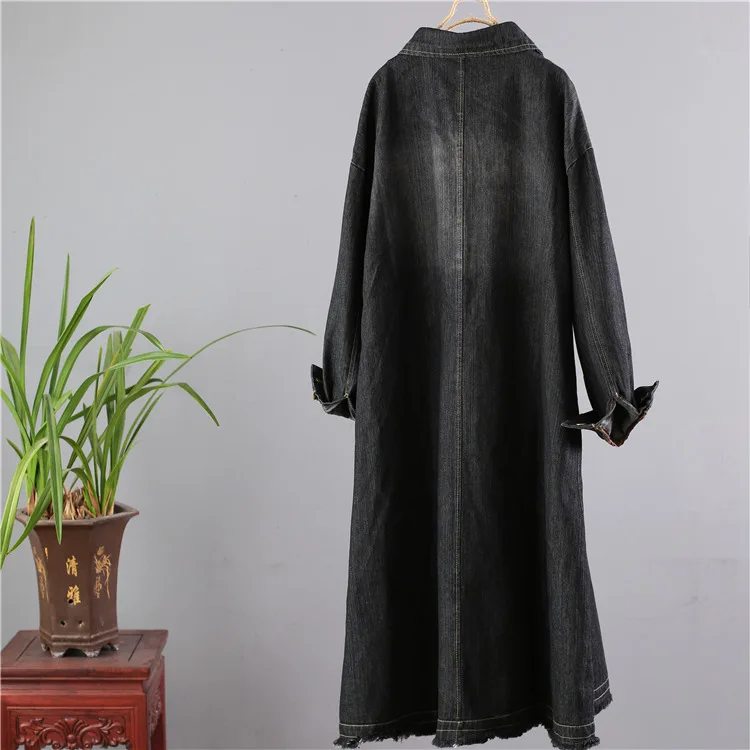 

2019 Spring And Autumn New Style Ethnic-Style X-long Jeans Coat Retro Literature And Art Embroidered Loose-Fit Single Breasted B